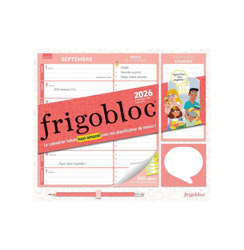 Frigobloc Hebdomadaire 2026 avec son planificateur de menus (de sept. 2025 à août 2026)