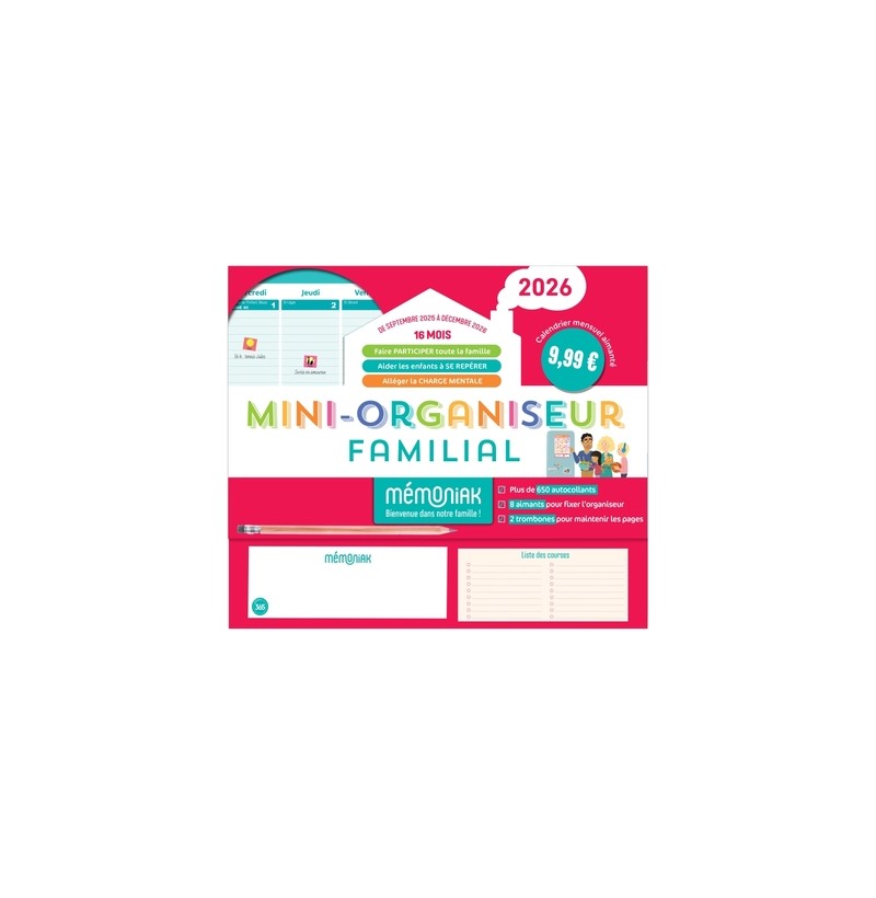 Mini-organiseur familial Mémoniak 2026, calendrier mensuel, sept. 2025 à déc. 2026