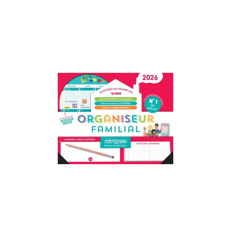 Organiseur familial Mémoniak 2026, calendrier organisation familiale mensuel (sept. 2025- déc. 2026)